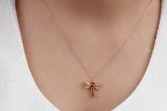 18k Solid Gold Natural Ruby Diamond Dragonfly Pendant