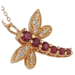 18k Solid Gold Natural Ruby Diamond Dragonfly Pendant