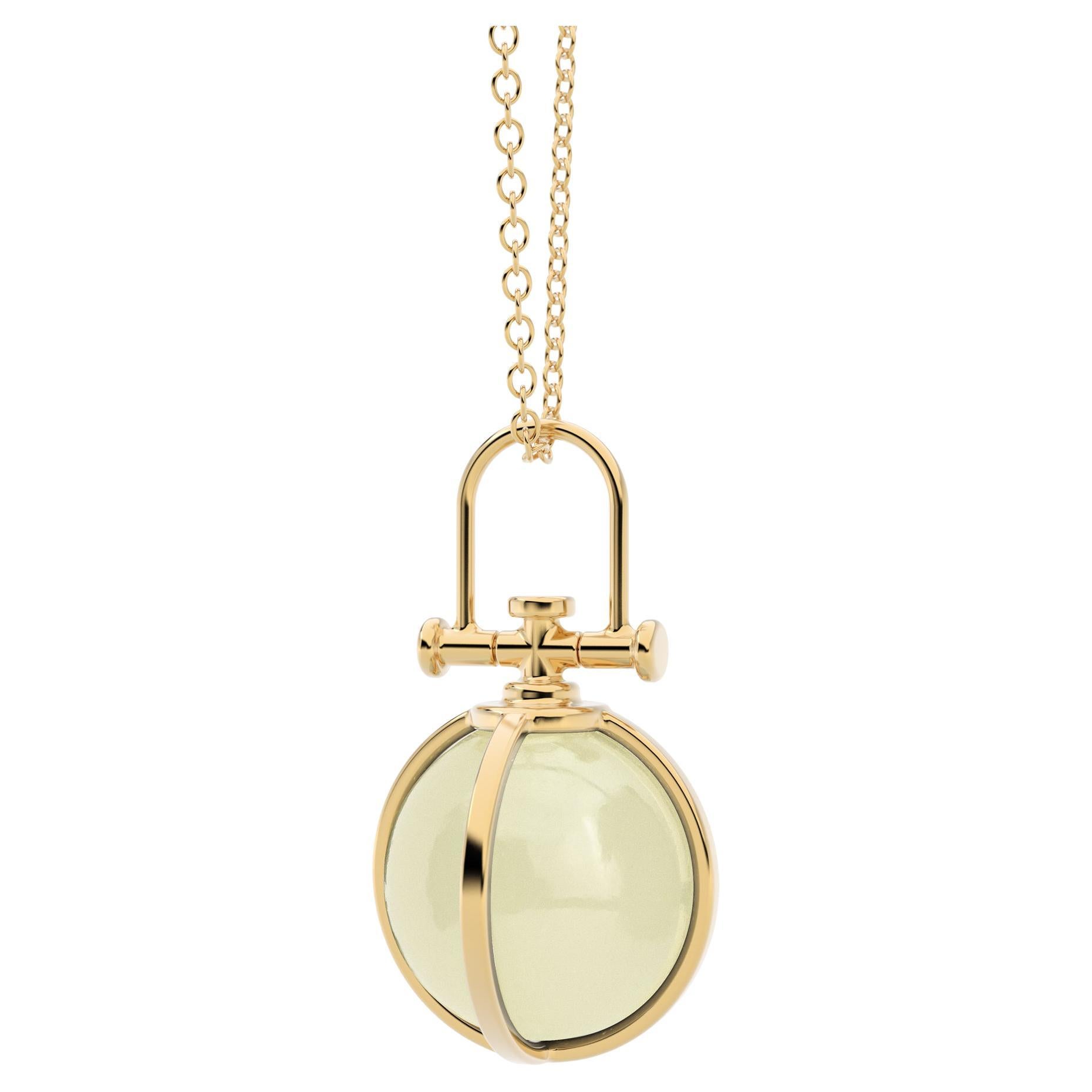 18k Solid Gold Nephrite White Jade Orb Talisman Pendant Necklace, Modern Sacred For Sale