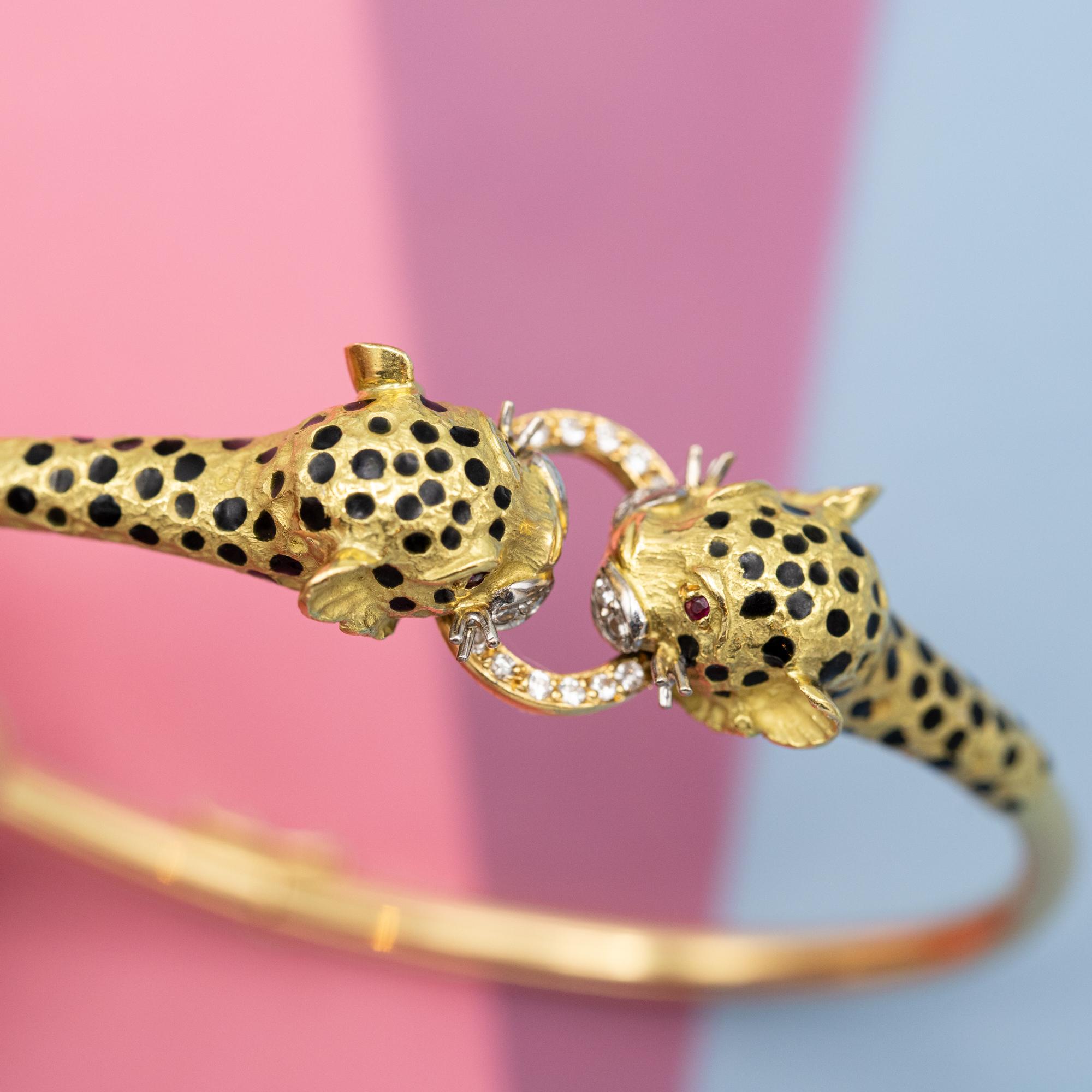 Retro 18k solid gold panther bracelet - Vintage tiger bangle - 1980's statement jewel