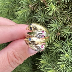 18k Solid Gold Pave Ruby & Sapphire Eyes 4 Head Snake Serpent Wide Band Ring