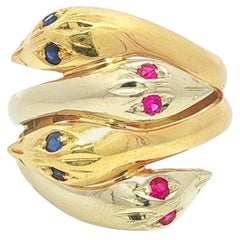 18k Solid Gold Pave Ruby & Sapphire Eyes 4 Head Snake Serpent Wide Band Ring