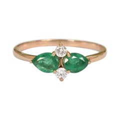 18k Solid Gold Pear Shape Emerald and Diamond Thin Dainty Ring
