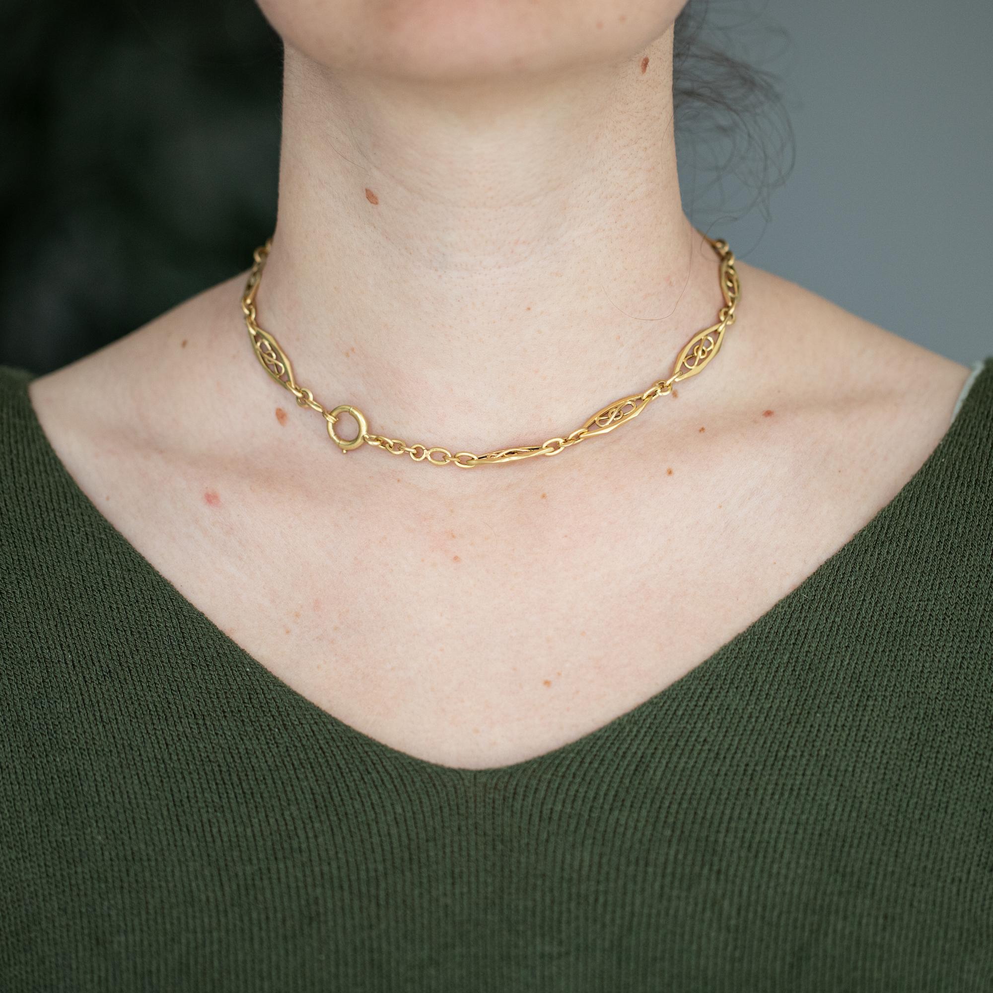For sale is this wonderful 18 K yellow gold Albert necklace. It consists of spacial, fancy looking Lozenge links an antique bolt ring. The necklace is hallmarked with French weevils, which were struck on jewels imported into France since 1864. 

An