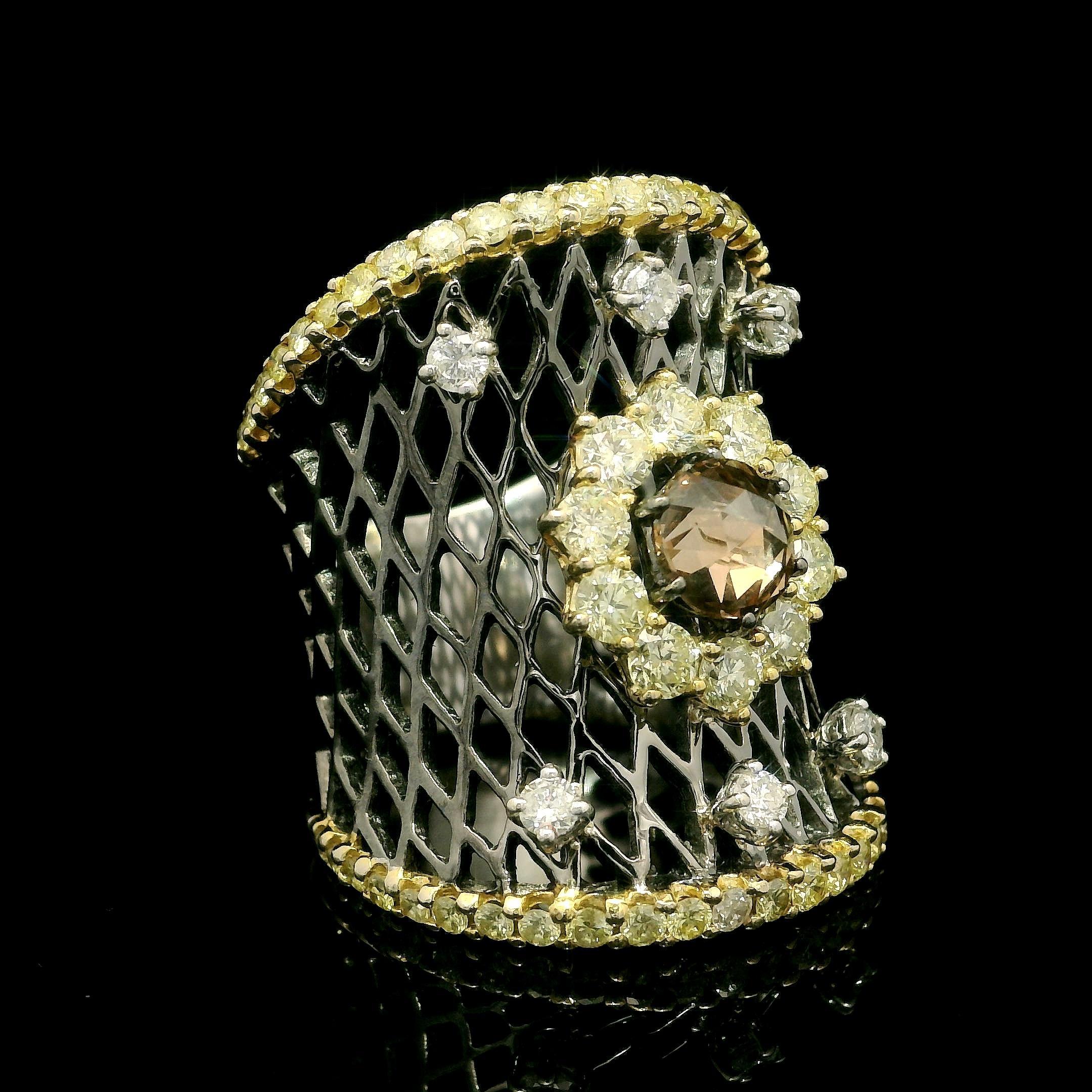 18k Massivgold Rhodium 2,53ctw Ausgefallener Fancy Diamant-Cluster breiter konkaver Bandring im Angebot 5