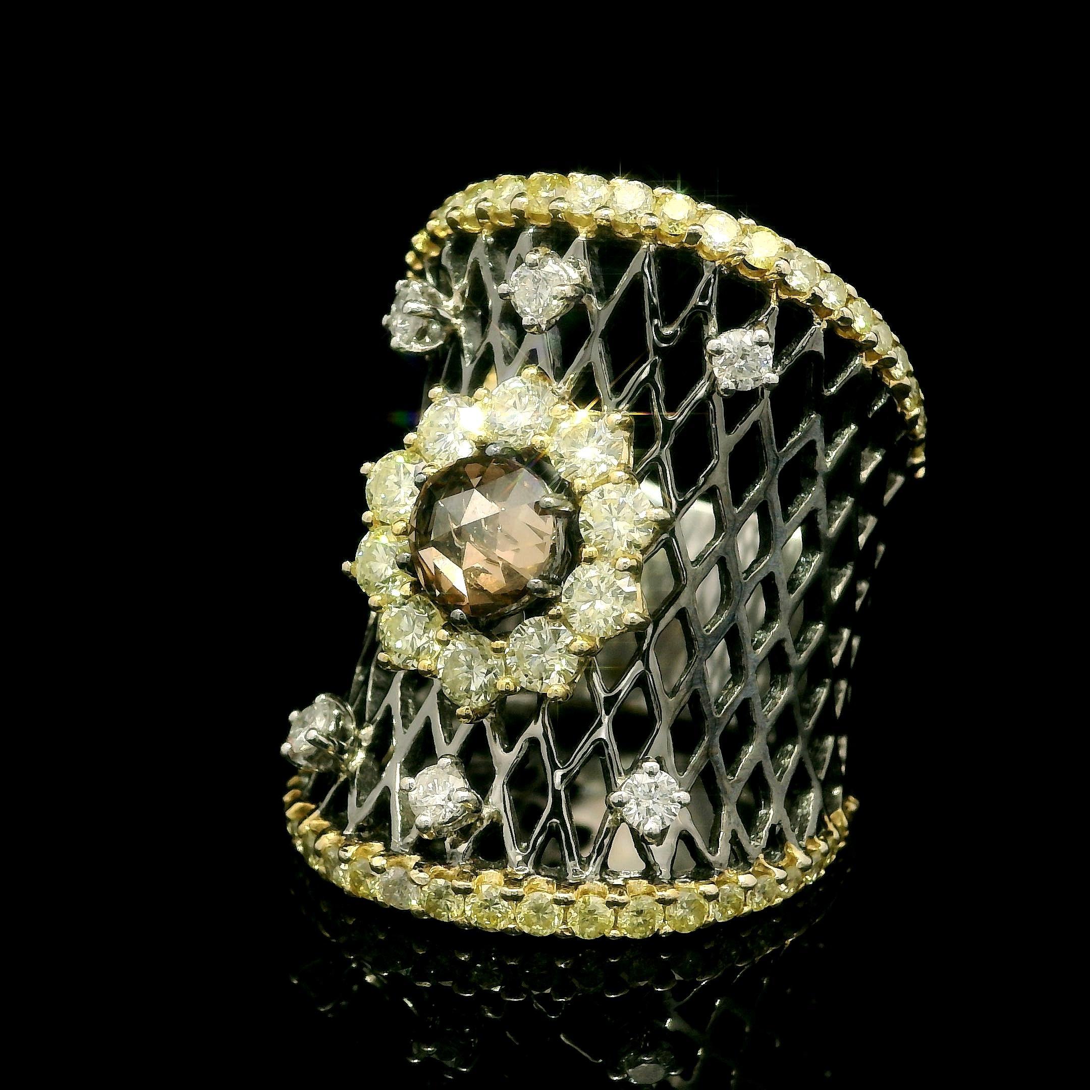 18k Massivgold Rhodium 2,53ctw Ausgefallener Fancy Diamant-Cluster breiter konkaver Bandring im Angebot 6