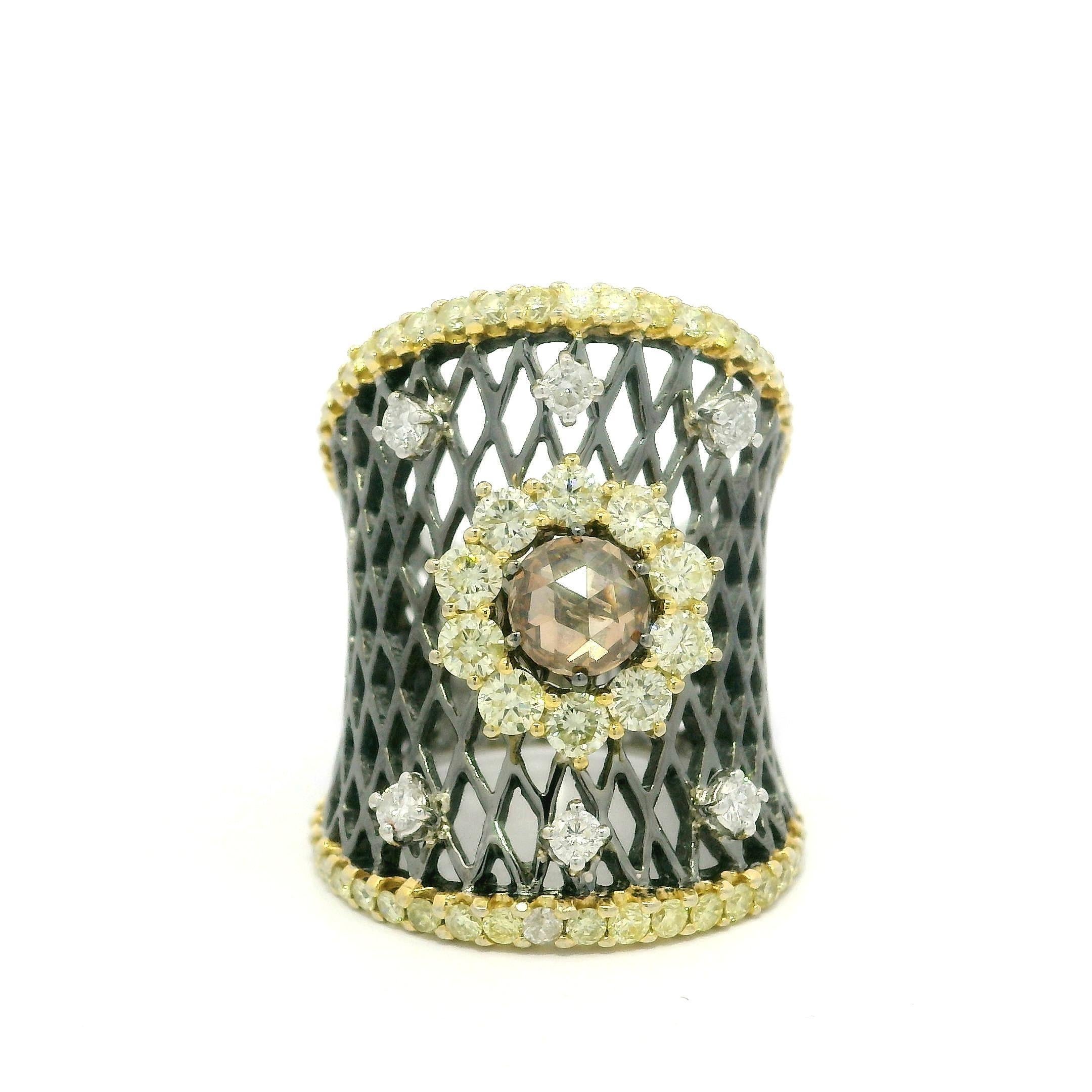 18k Massivgold Rhodium 2,53ctw Ausgefallener Fancy Diamant-Cluster breiter konkaver Bandring im Angebot 7