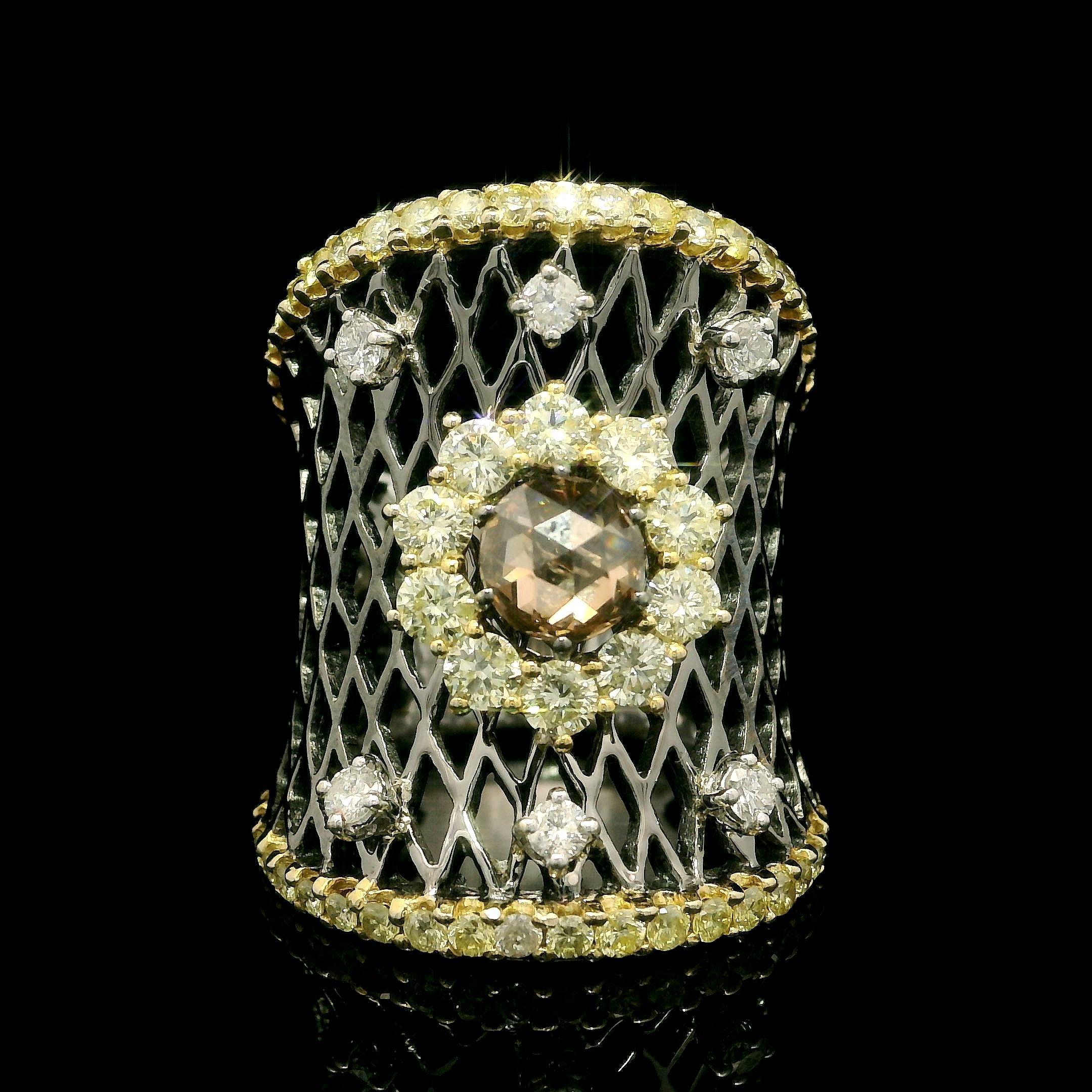 18k Massivgold Rhodium 2,53ctw Ausgefallener Fancy Diamant-Cluster breiter konkaver Bandring im Angebot 9