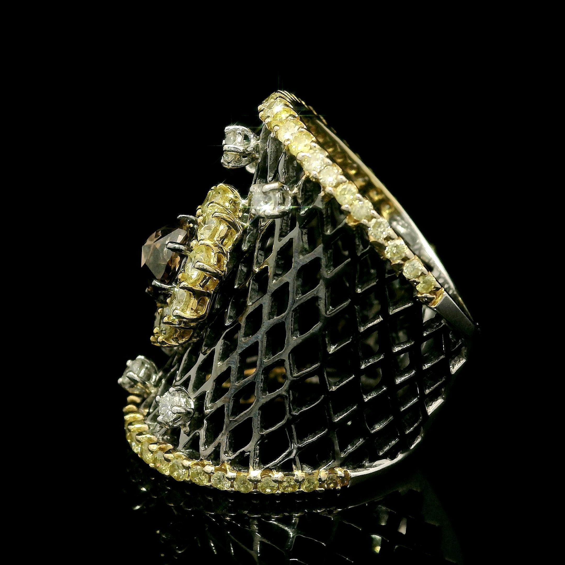 18k Massivgold Rhodium 2,53ctw Ausgefallener Fancy Diamant-Cluster breiter konkaver Bandring (Rosenschliff) im Angebot