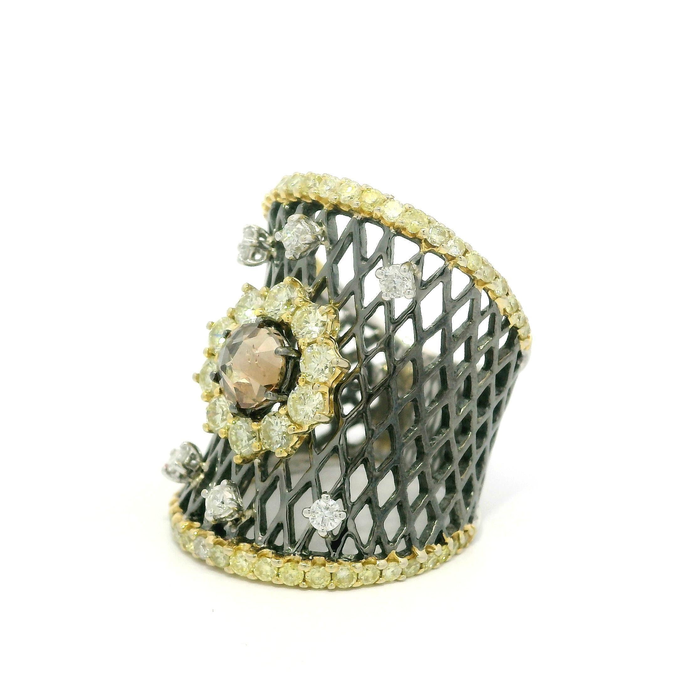 18k Massivgold Rhodium 2,53ctw Ausgefallener Fancy Diamant-Cluster breiter konkaver Bandring im Angebot 1