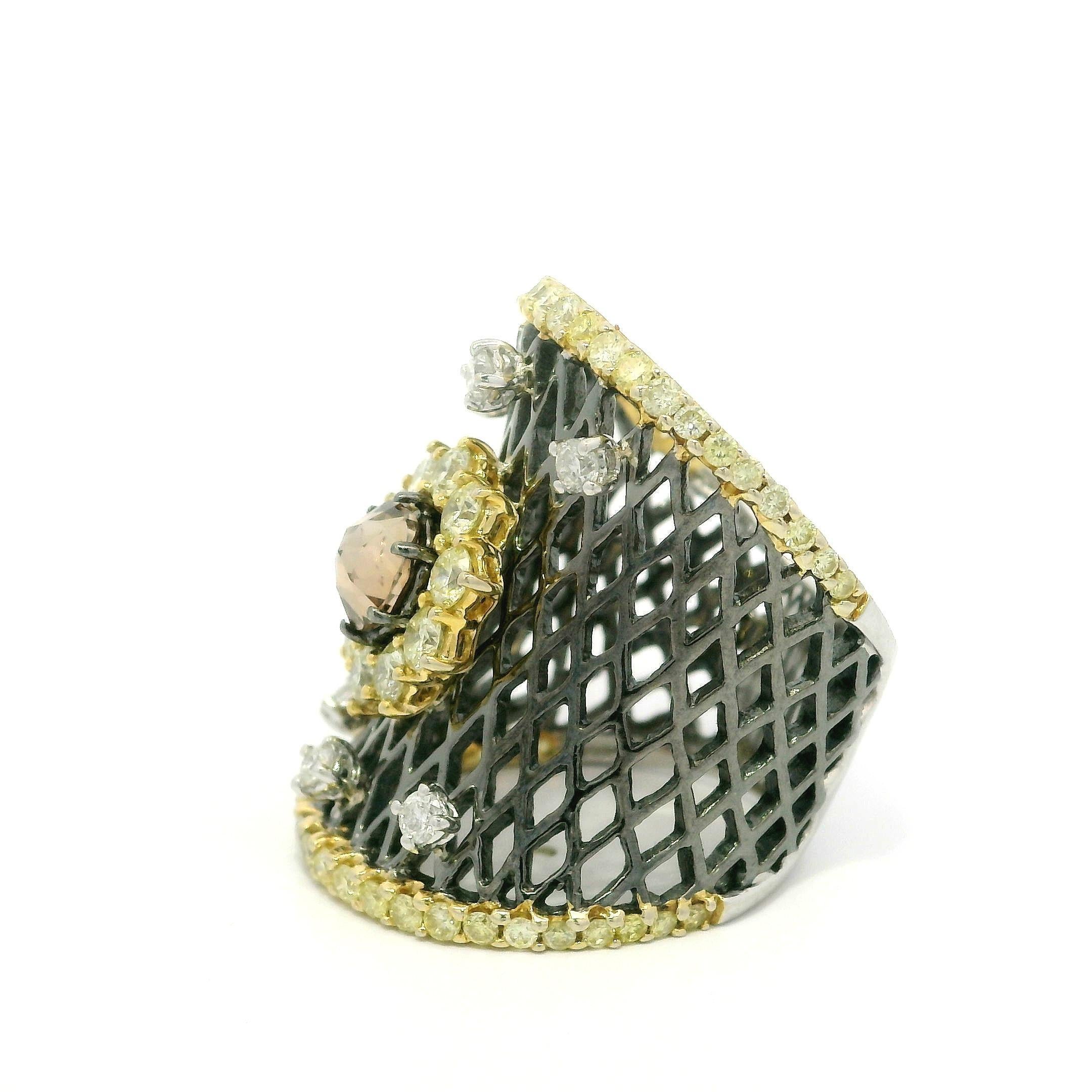 18k Massivgold Rhodium 2,53ctw Ausgefallener Fancy Diamant-Cluster breiter konkaver Bandring im Angebot 2
