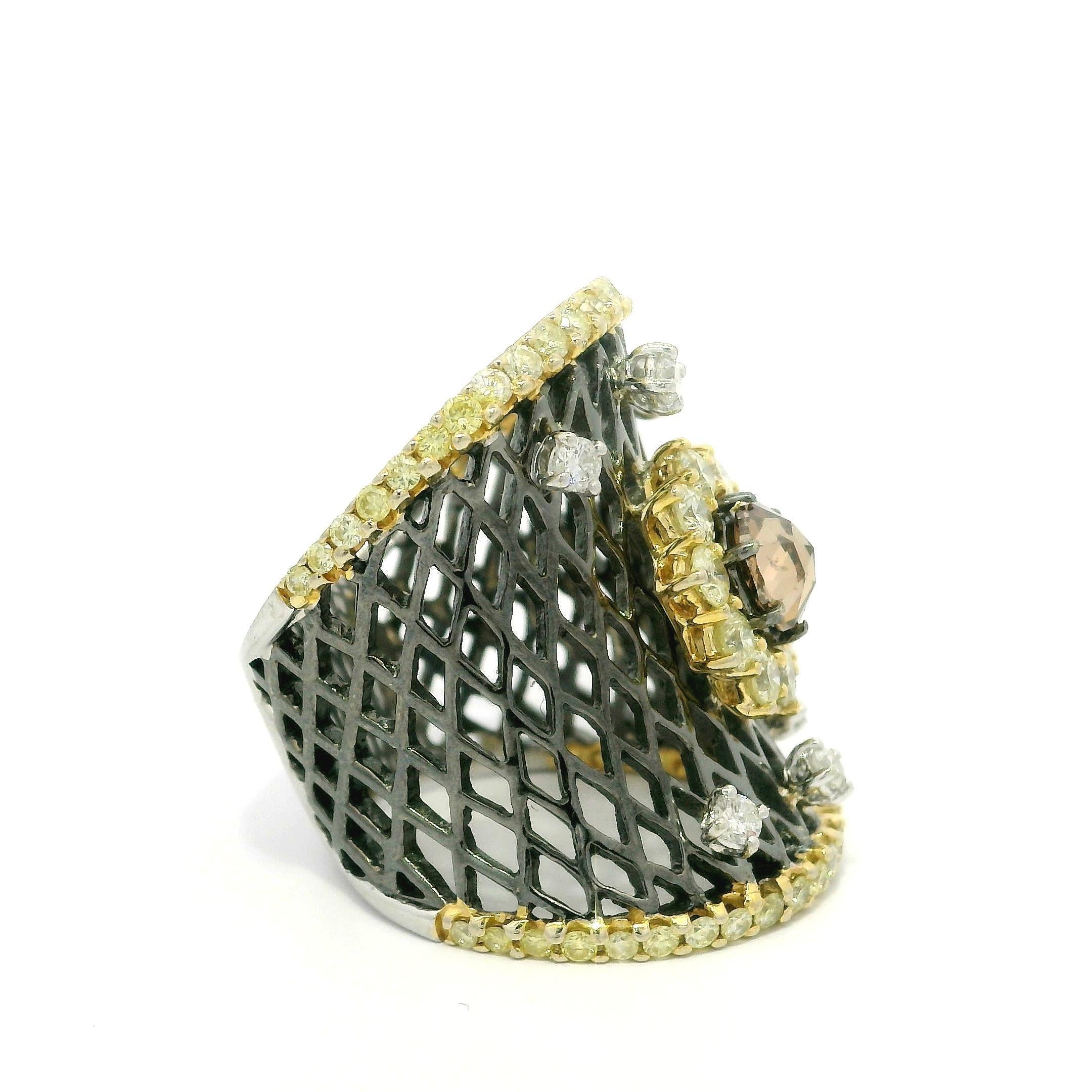 18k Massivgold Rhodium 2,53ctw Ausgefallener Fancy Diamant-Cluster breiter konkaver Bandring im Angebot 4
