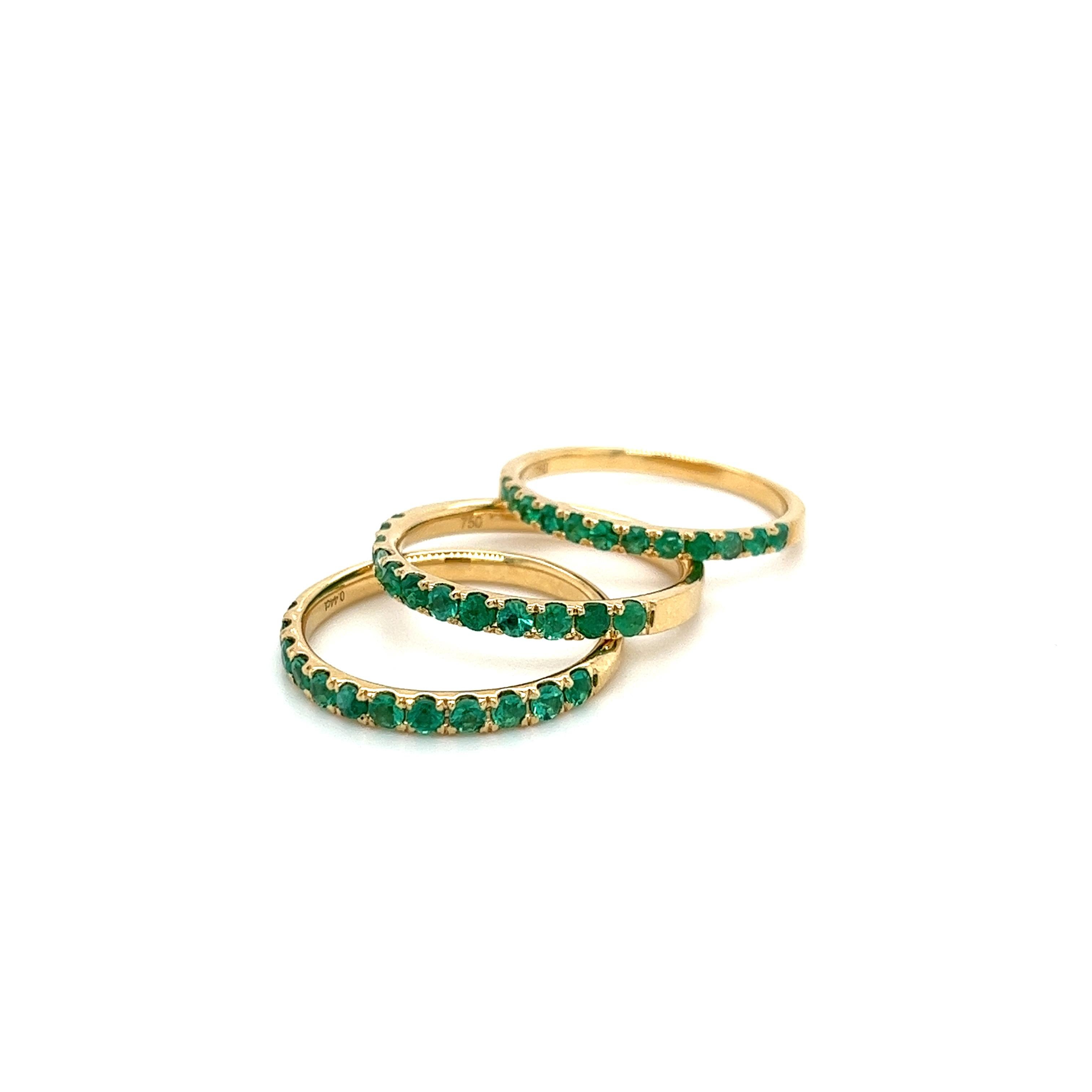 Natural Colombian Emerald stackable band ring set in 18k solid gold. Available in sizes 6.5, 7, and 7.5. 

FEATURES: 7 day risk free returns, certificate of appraisal, gift box + travel pouch, free pair of natural diamond stud earrings. 

Details: