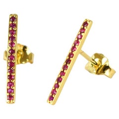 18k Solid Gold Ruby Stud Earrings Long Bar Earrings Delicate Studs