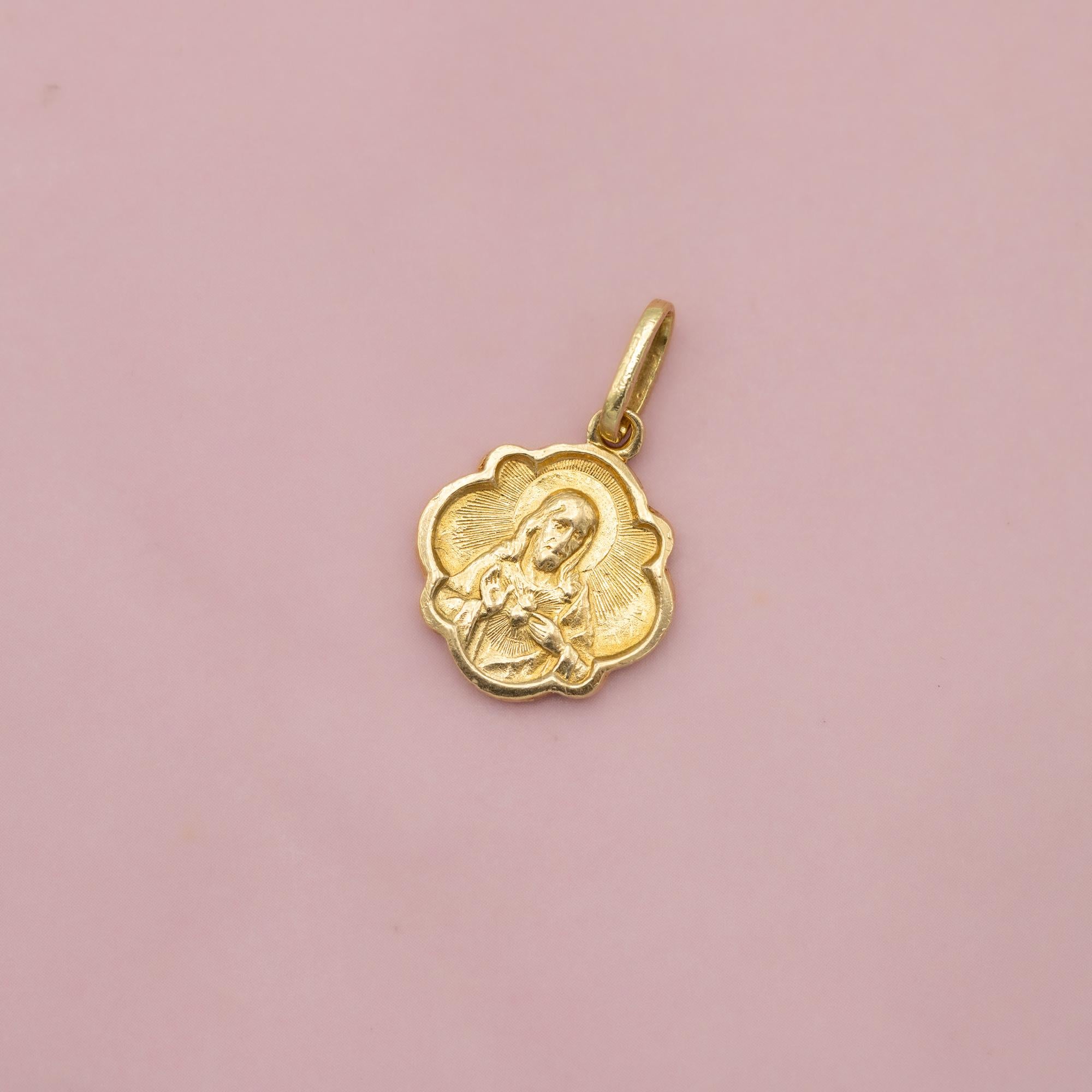 Retro 18K solid gold Scapular pendant - Italian Catholic - Holy Sacred Heart of Jesus