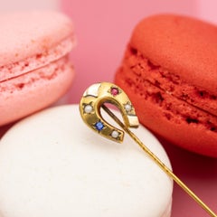 18k solid gold stick pin - Antique Victorian good luck brooch - Horse shoe jewel