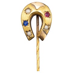 18k solid gold stick pin - Antique Victorian good luck brooch - Horse shoe jewel