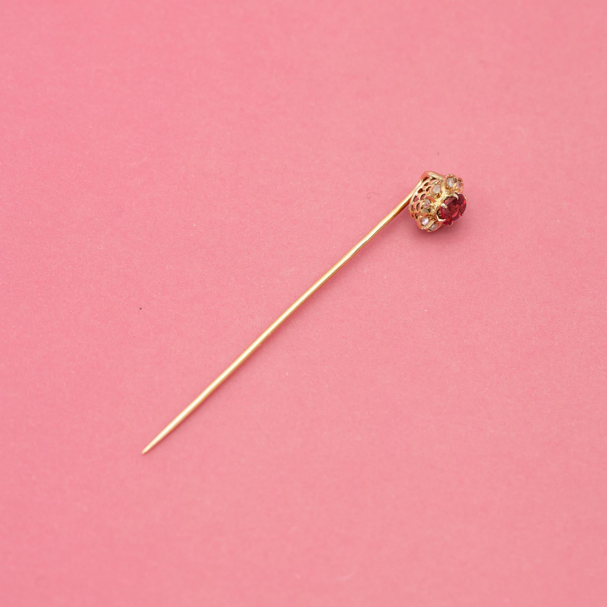 18k solid gold stick pin - rose cut diamond halo - Antique Victorian brooch 5