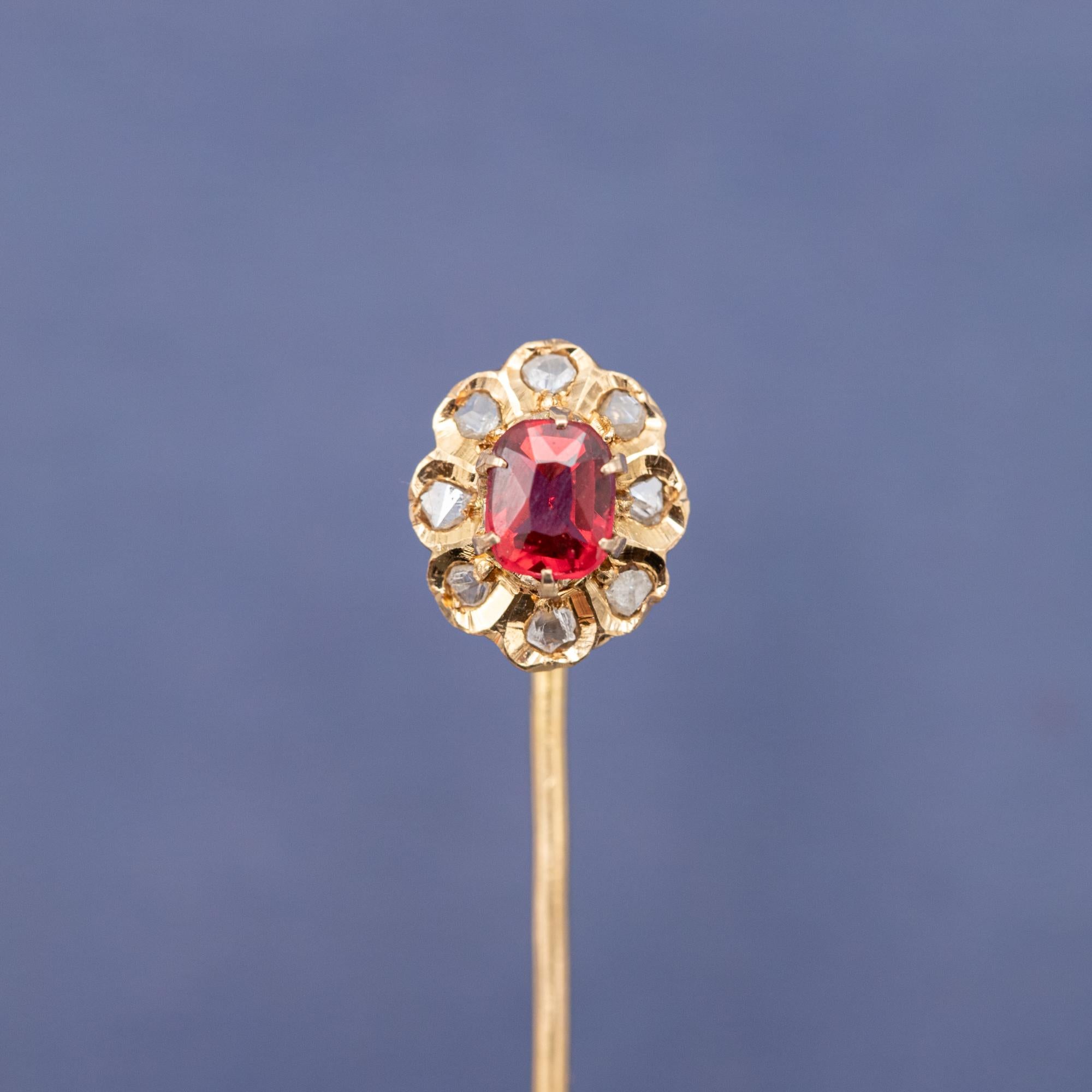18k solid gold stick pin - rose cut diamond halo - Antique Victorian brooch 4