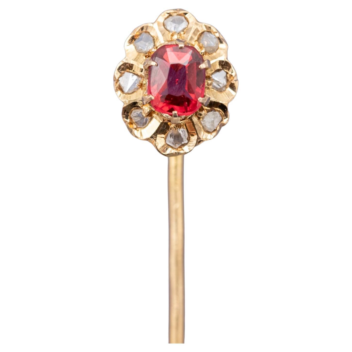 18k solid gold stick pin - rose cut diamond halo - Antique Victorian brooch