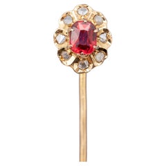 Alfiler de oro macizo 18k - halo de diamantes talla rosa - Antiguo broche victoriano