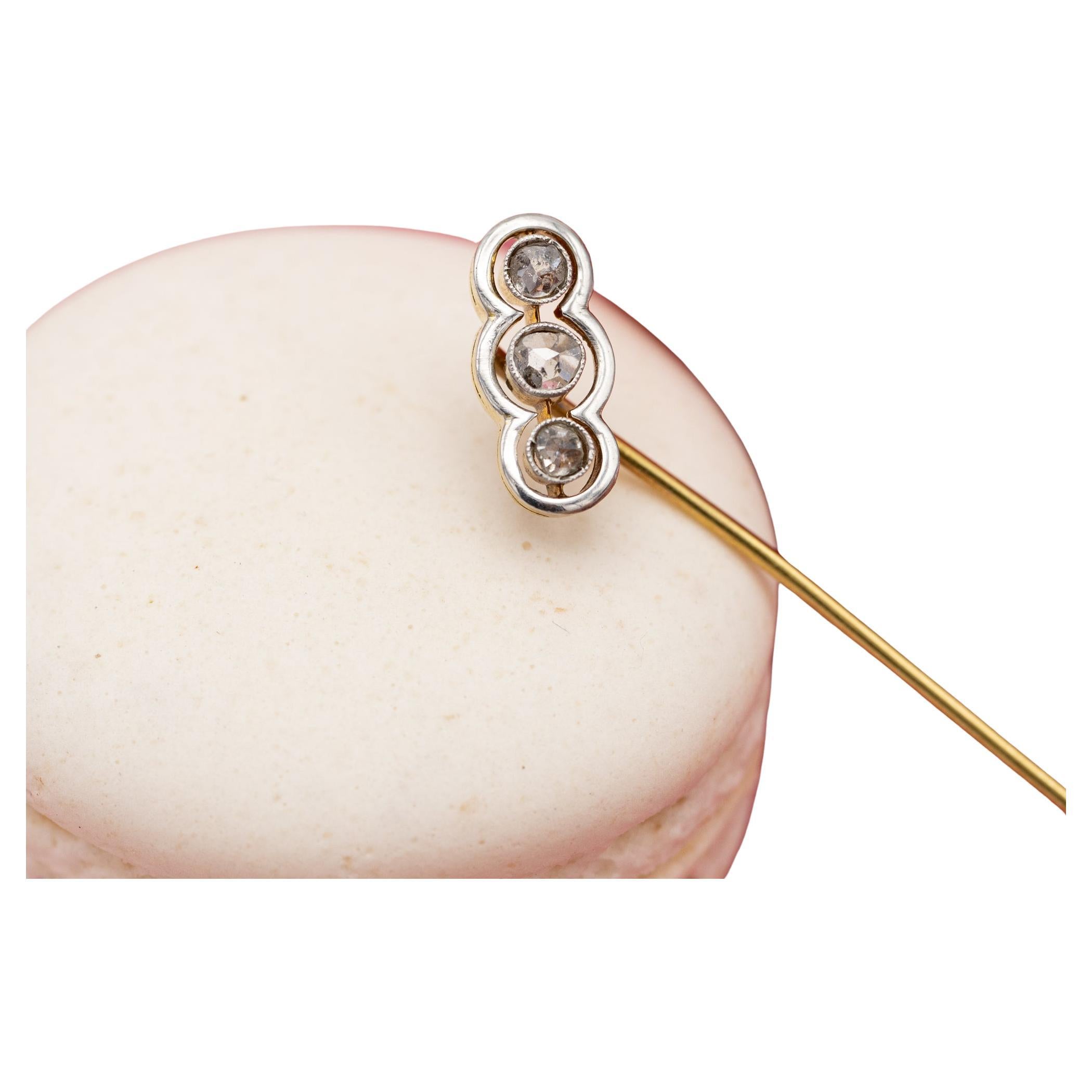 18K solid gold stick pin - Three rose cut diamond brooch - Antique Victorian