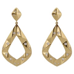 18K Solid Gold Textured Drop Earring with Sprinkled F Color Diamonds