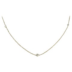 18k Solid Gold Three Diamond Station Necklace Bezel Setting Round Diamond