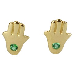 18k Solid Gold Tiny Hamsa Hand Earrings Genuine Emerald One Stone Earrings