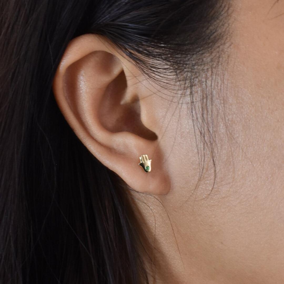 Modern 18k Solid Gold Tiny Hamsa Hand Earrings Genuine Emerald One Stone Earrings For Sale
