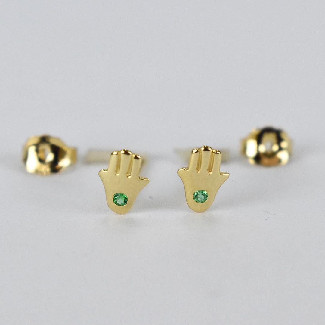 Round Cut 18k Solid Gold Tiny Hamsa Hand Earrings Genuine Emerald One Stone Earrings For Sale