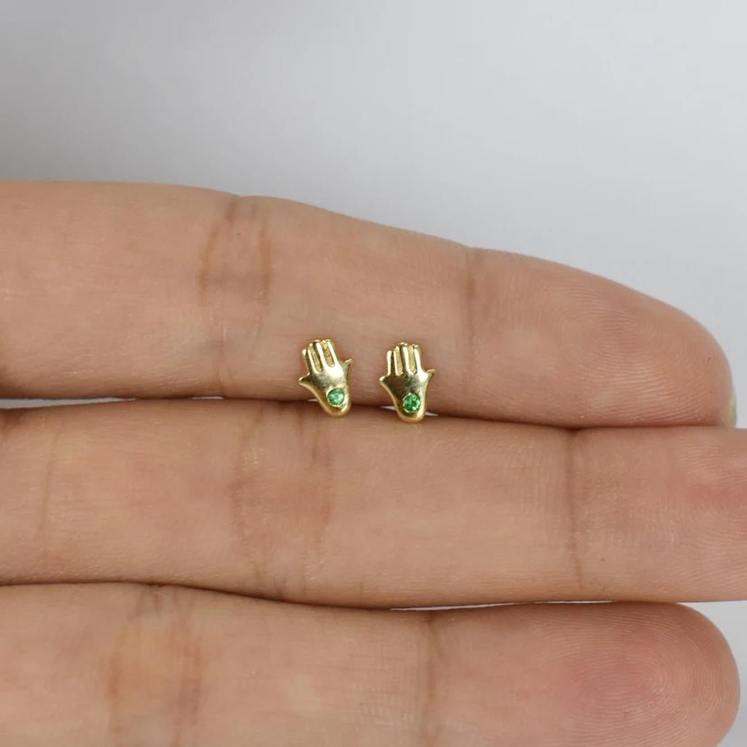 18k Solid Gold Tiny Hamsa Hand Earrings Genuine Emerald One Stone Earrings For Sale 1