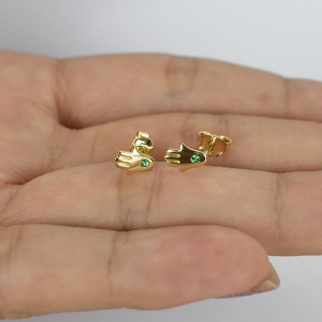 18k Solid Gold Tiny Hamsa Hand Earrings Genuine Emerald One Stone Earrings For Sale 2