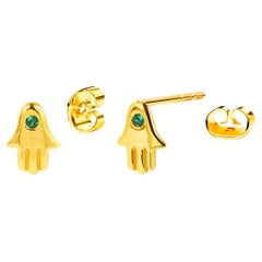 18k Solid Gold Tiny Hamsa Hand Earrings Genuine Emerald One Stone Earrings