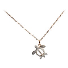 18k Rose Gold Turtle Charm Necklace Lucky Turtle Diamond Pendant Necklace