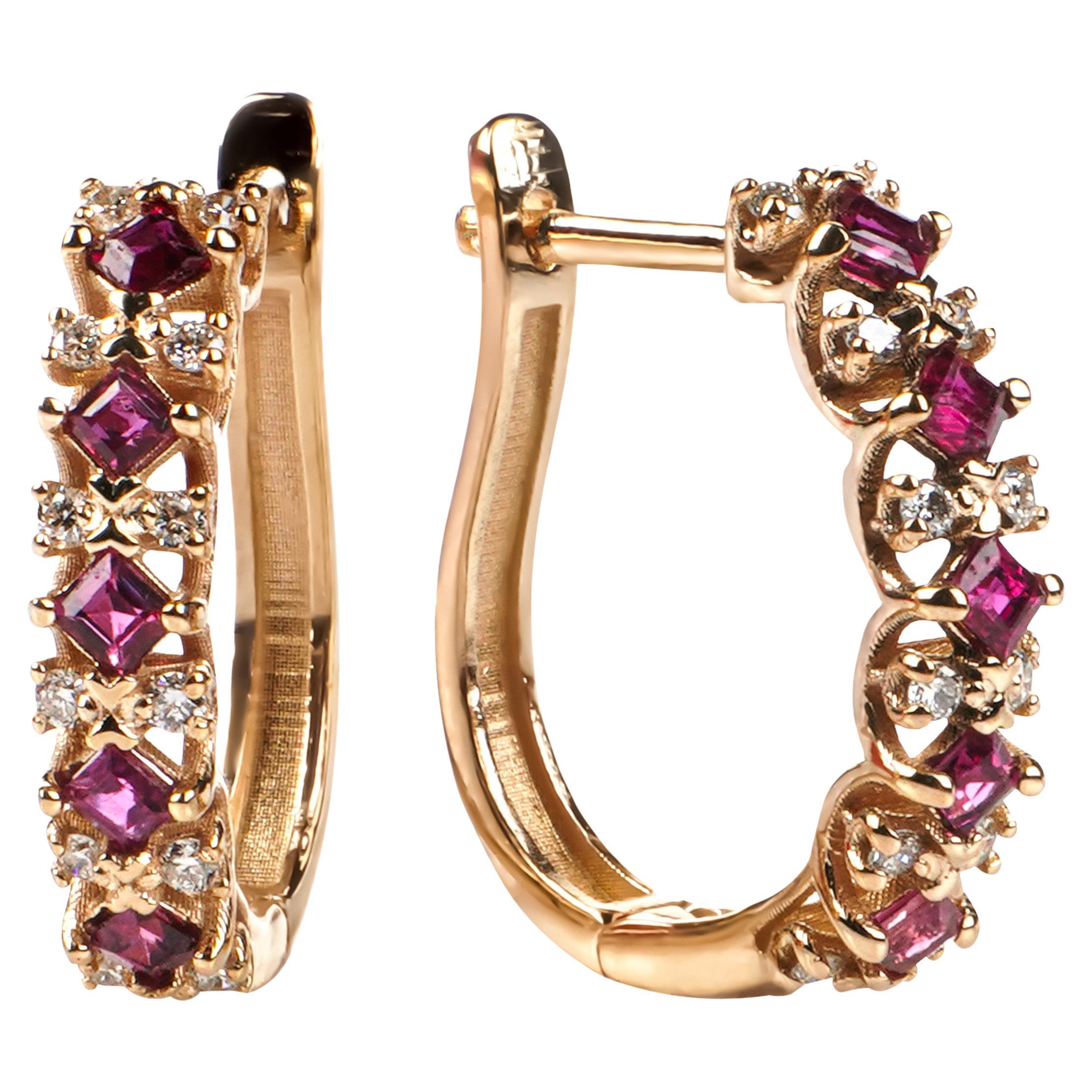 18K solid GOLD Unity Diamond and Ruby earrings For Sale