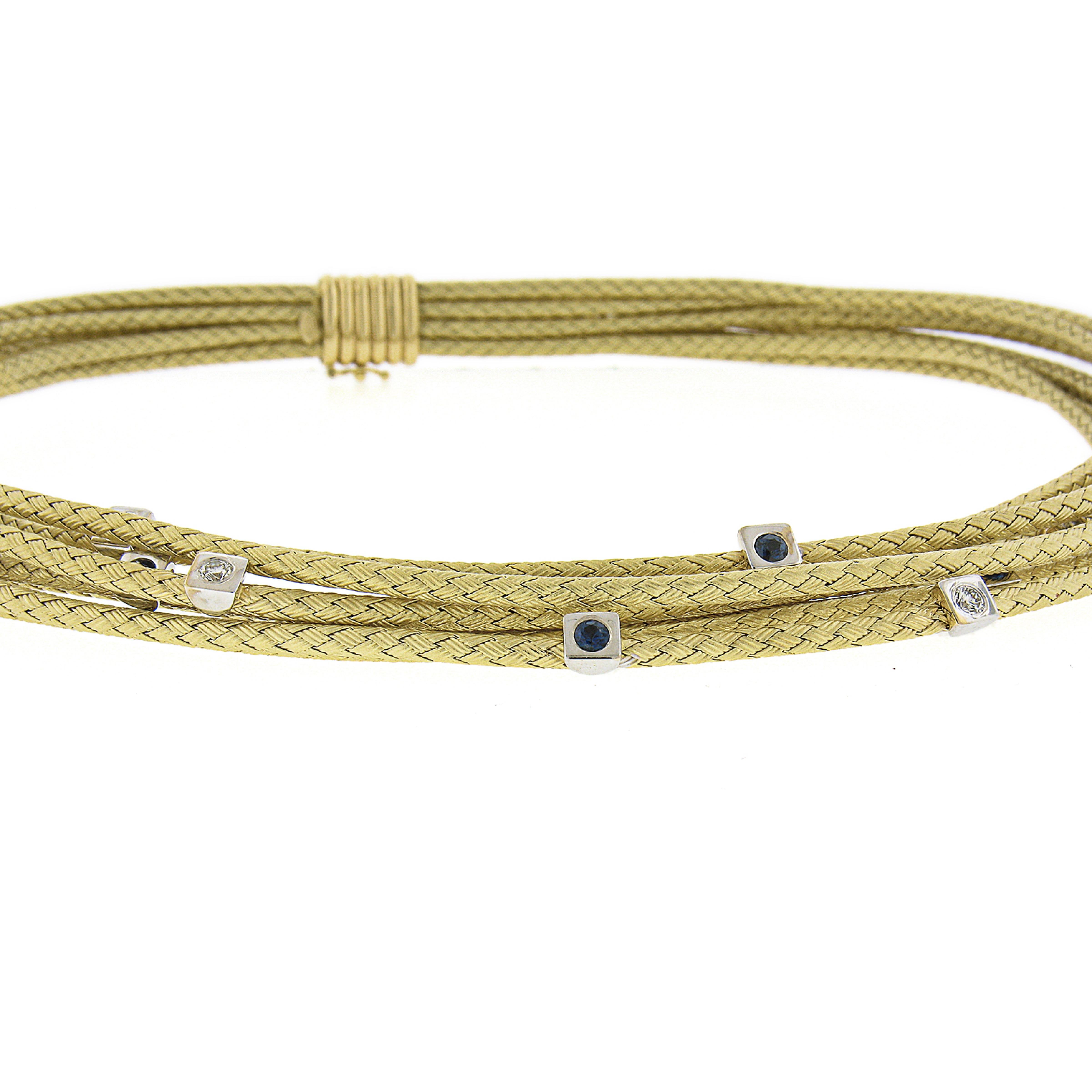 18k Solid Gold Woven Multi Strand Wide Collar Necklace w/ Sapphire & Diamonds For Sale 2