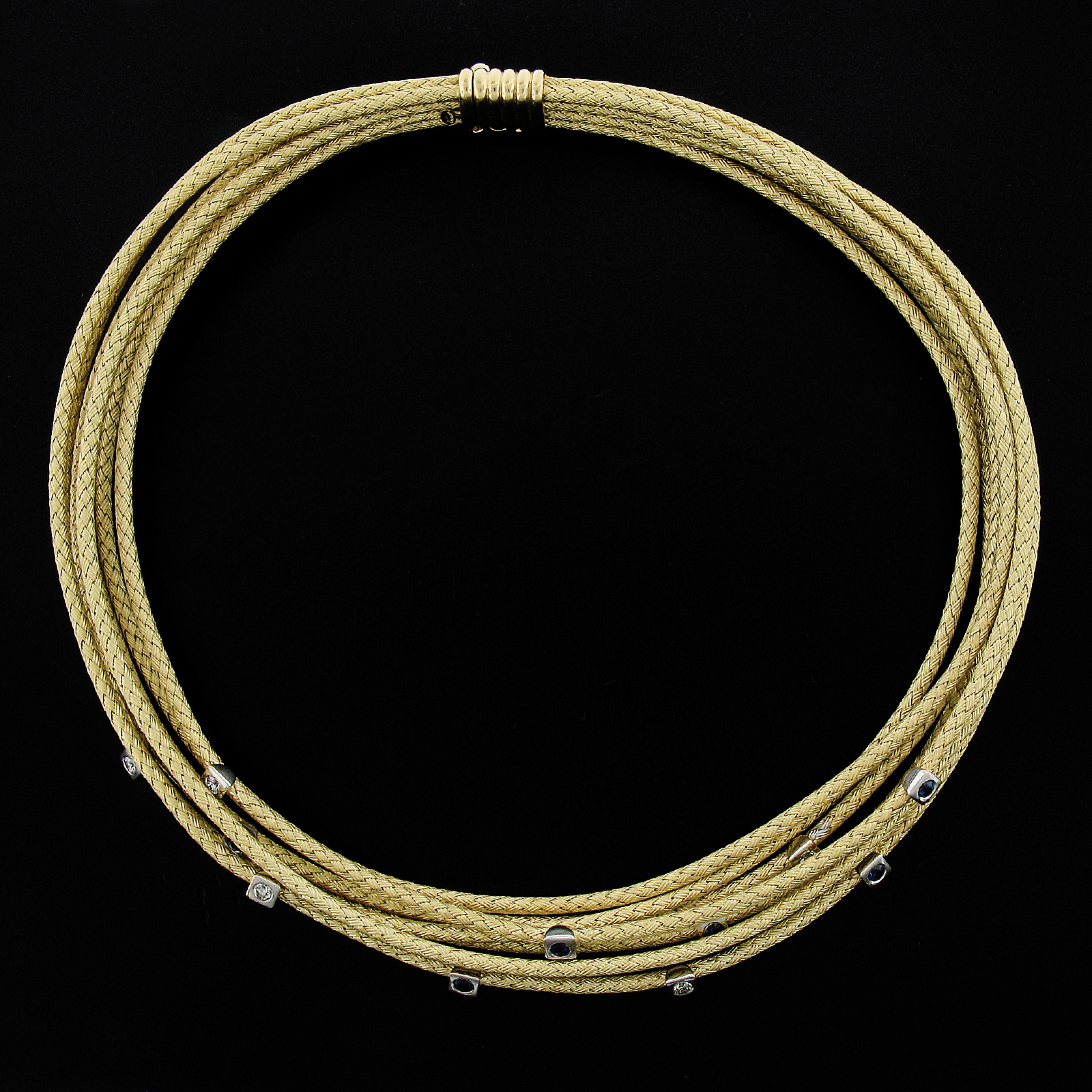 18k Solid Gold Woven Multi Strand Wide Collar Necklace w/ Sapphire & Diamonds For Sale 4