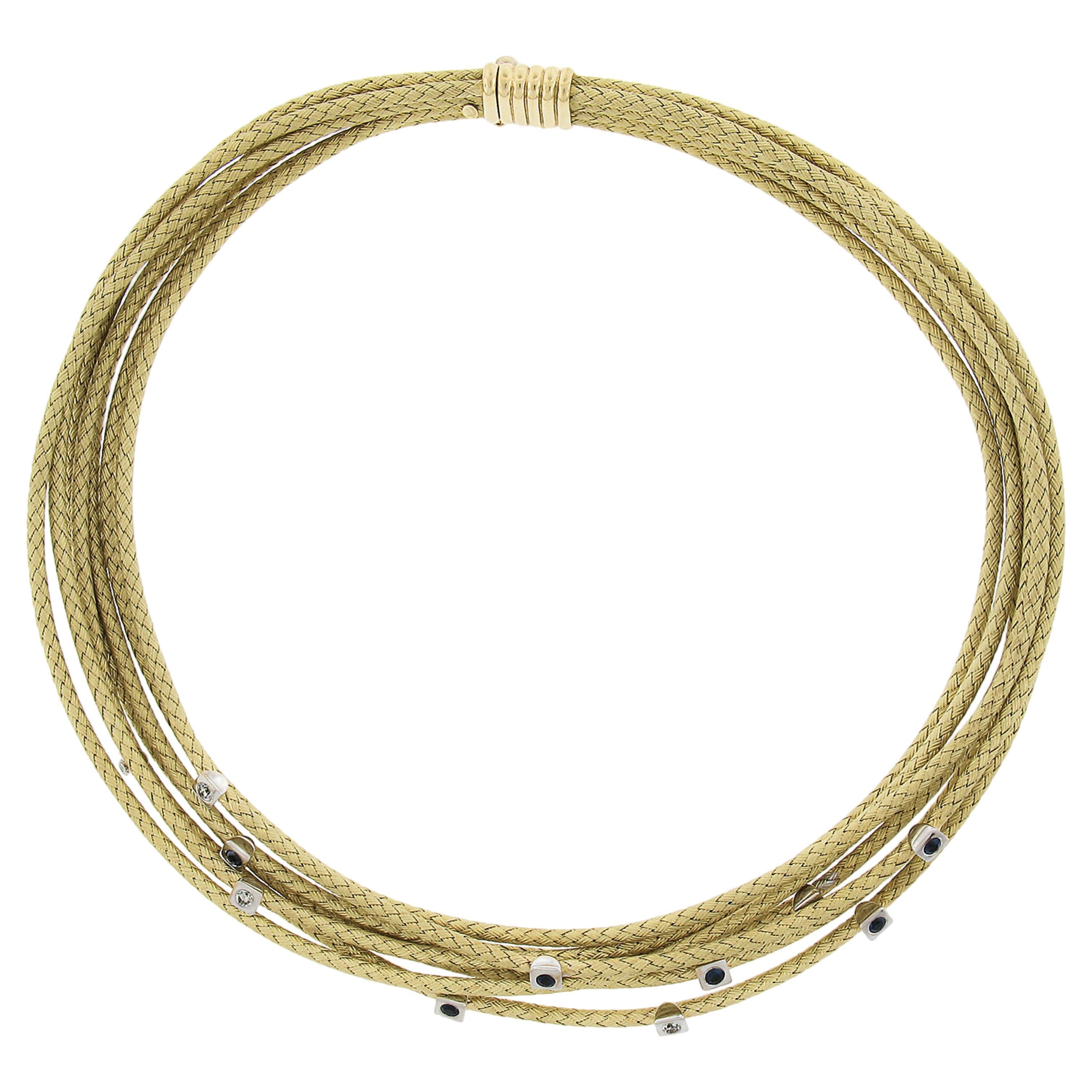 18k Solid Gold Woven Multi Strand Wide Collar Necklace w/ Sapphire & Diamonds For Sale