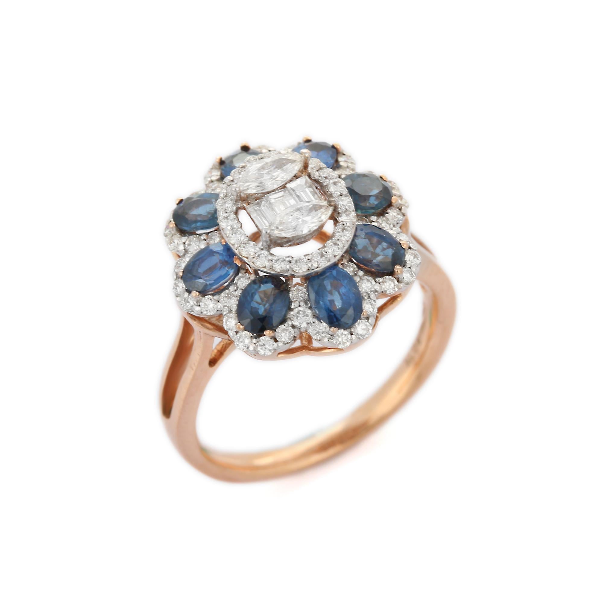 For Sale:  18K Solid Rose Gold 1.76 ct Sapphire Diamond Big Flower Wedding Ring 2