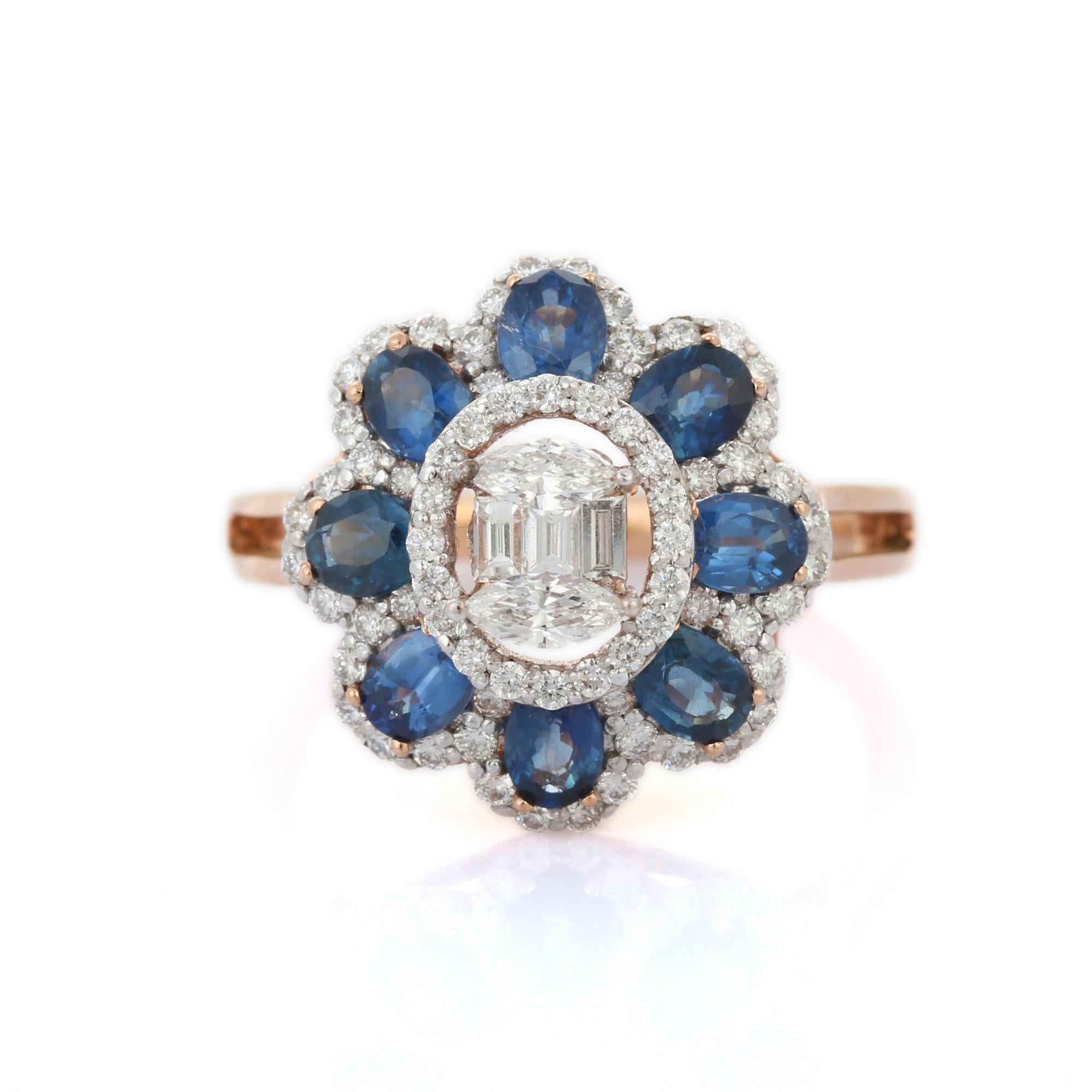 For Sale:  18K Solid Rose Gold 1.76 ct Sapphire Diamond Big Flower Wedding Ring 5