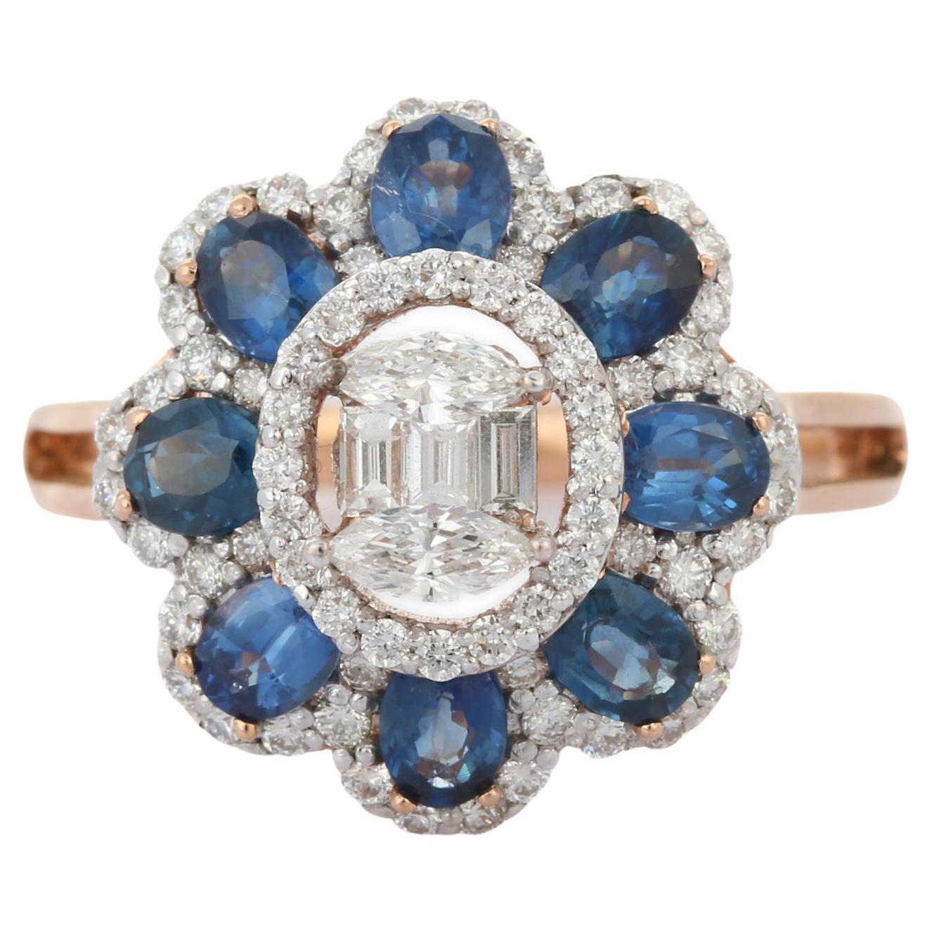 For Sale:  18K Solid Rose Gold 1.76 ct Sapphire Diamond Big Flower Wedding Ring