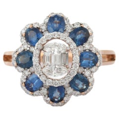 18K Solid Rose Gold 1.76 ct Sapphire Diamond Big Flower Wedding Ring