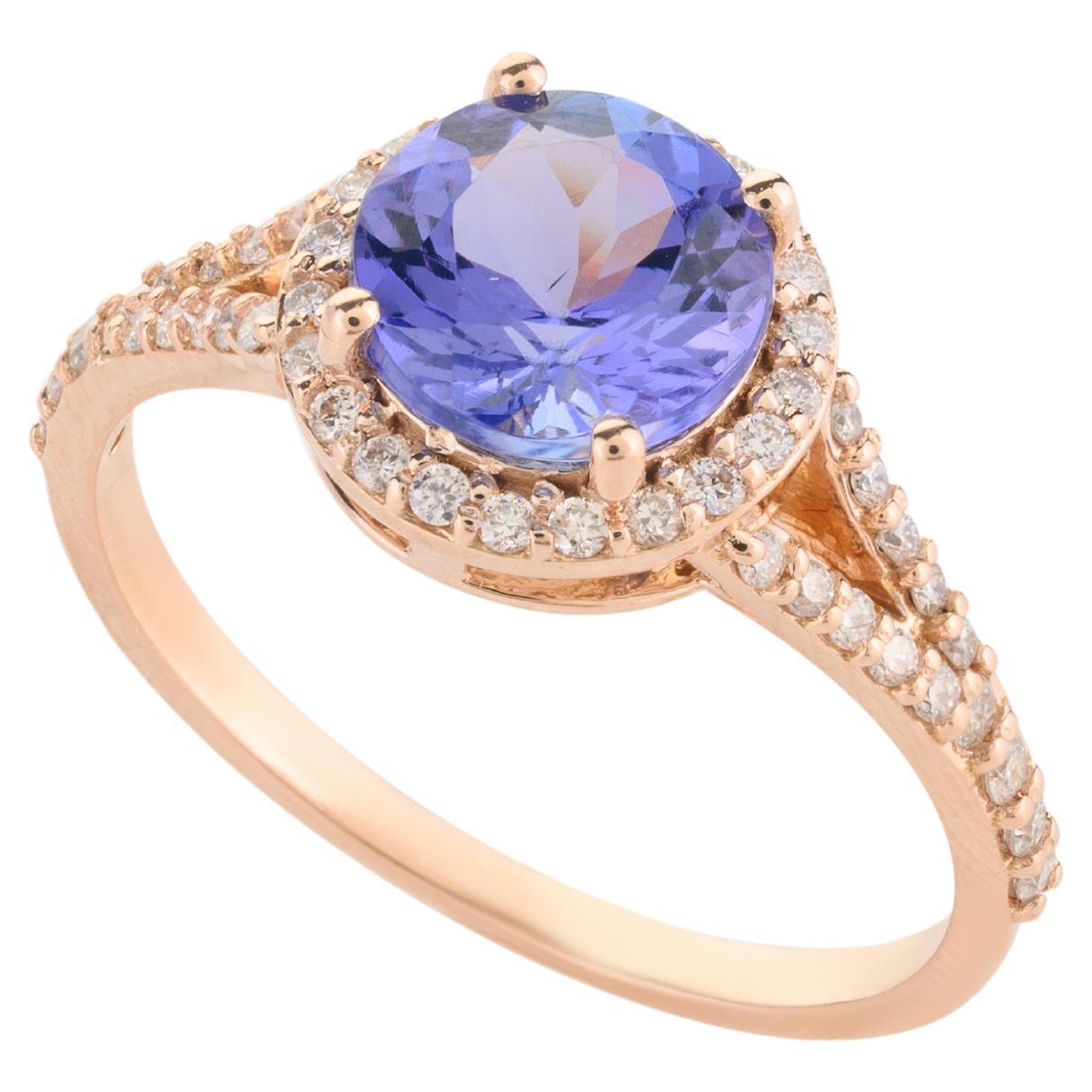 18k Solid Rose Gold Brilliant 1.47 CTW Tanzanite and Diamond Engagement Ring