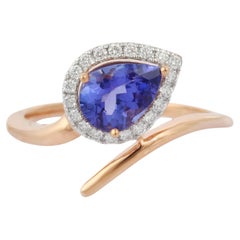 Anello bypass in oro rosa massiccio 18 carati con diamanti di tanzanite taglio a pera, regalo di gioielleria