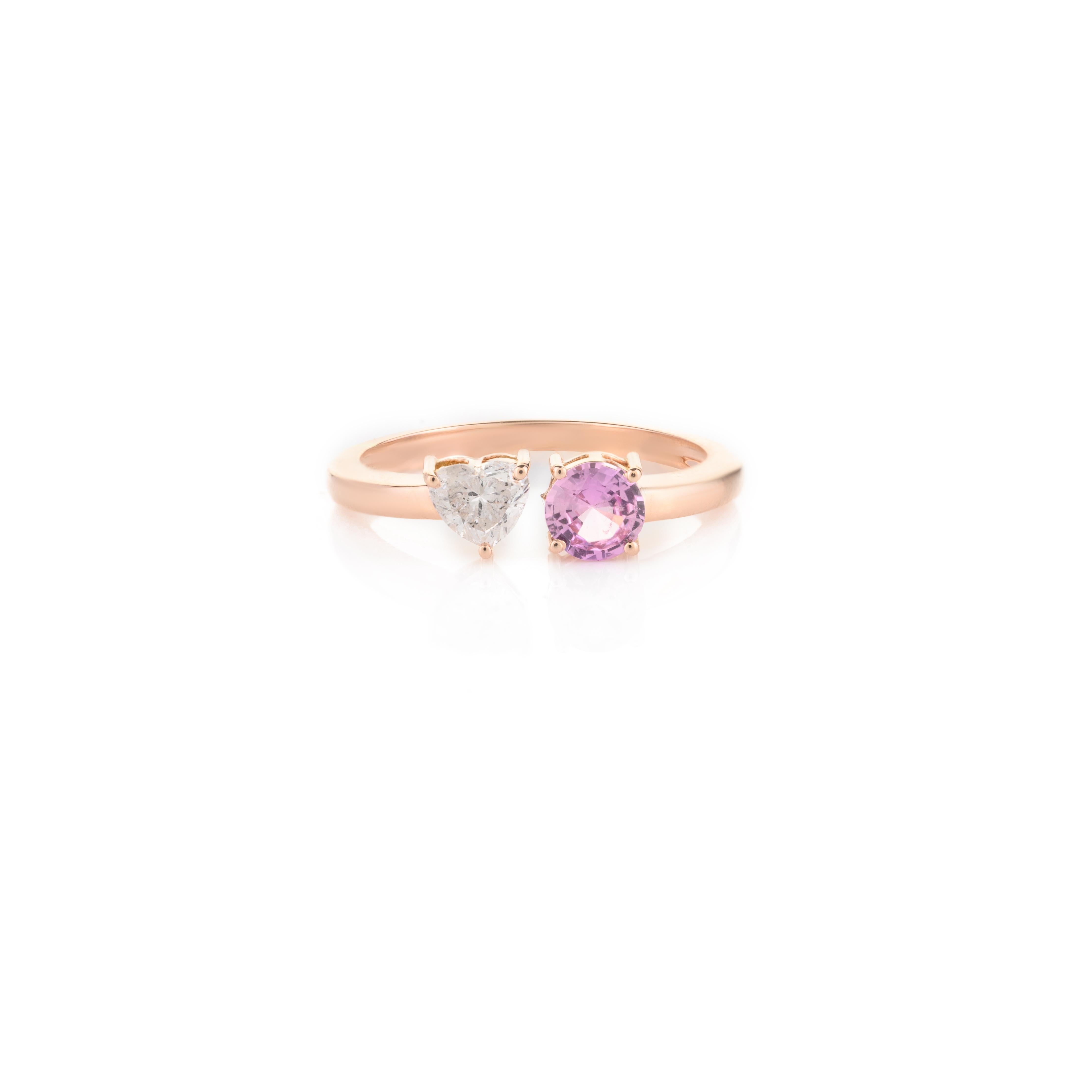 For Sale:  18k Solid Rose Gold Diamond Heart and Pink Sapphire Two Stone Open Ring 3