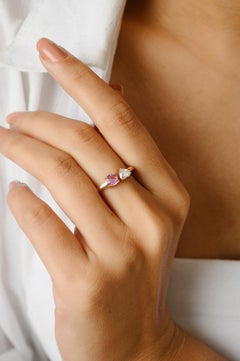 18k Solid Rose Gold Diamond Heart and Pink Sapphire Two Stone Open Ring