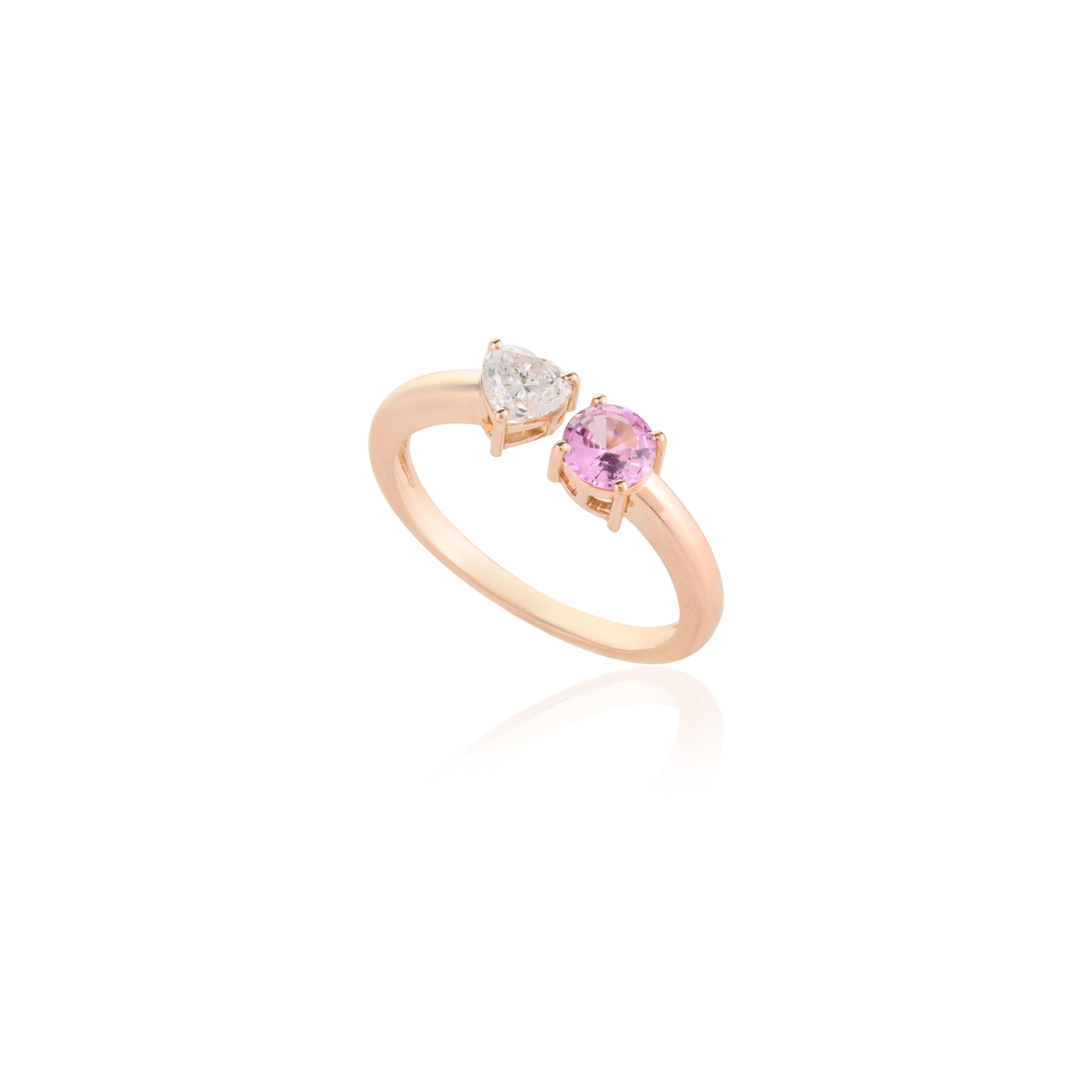 For Sale:  18k Solid Rose Gold Diamond Heart and Pink Sapphire Two Stone Open Ring 8