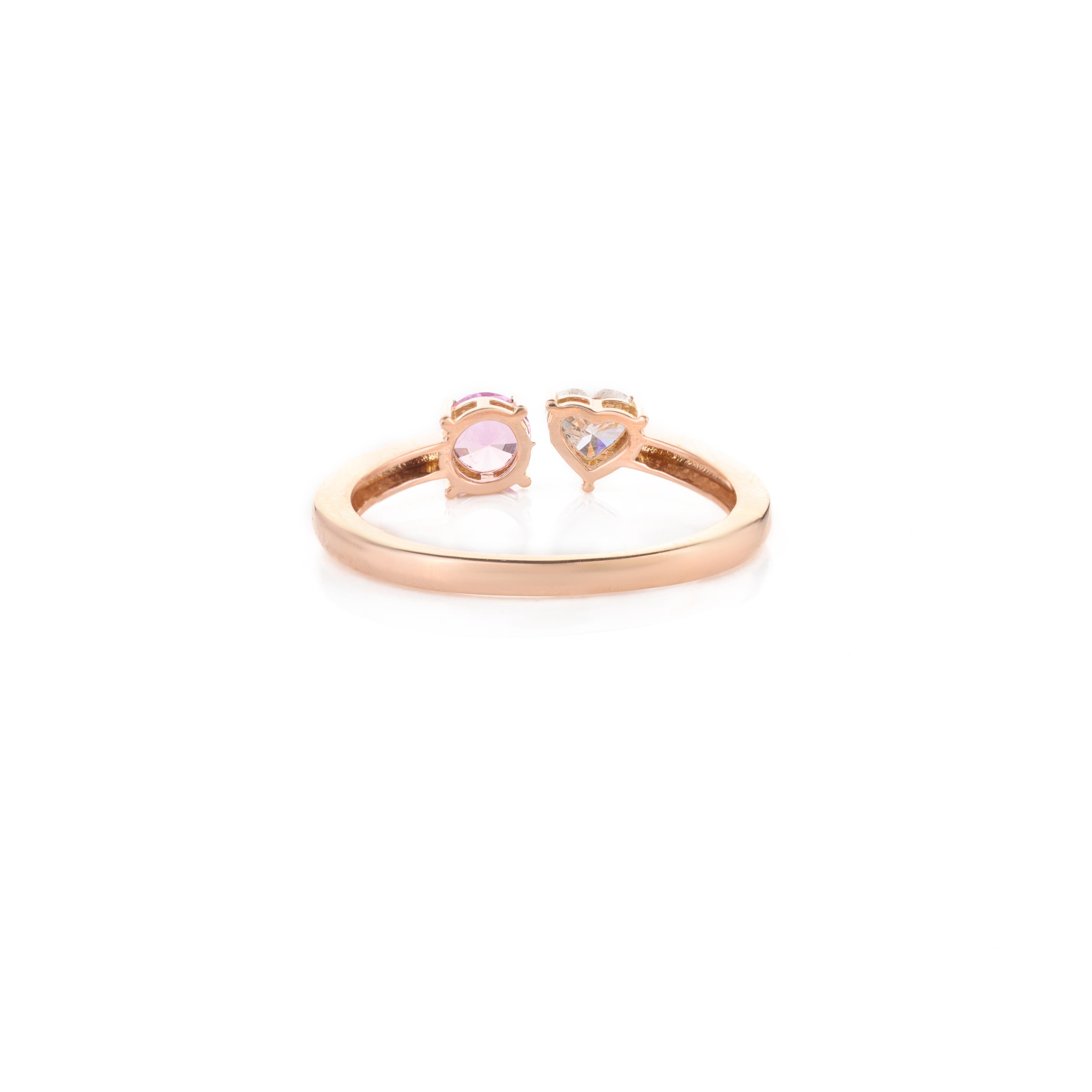 For Sale:  18k Solid Rose Gold Diamond Heart and Pink Sapphire Two Stone Open Ring 5