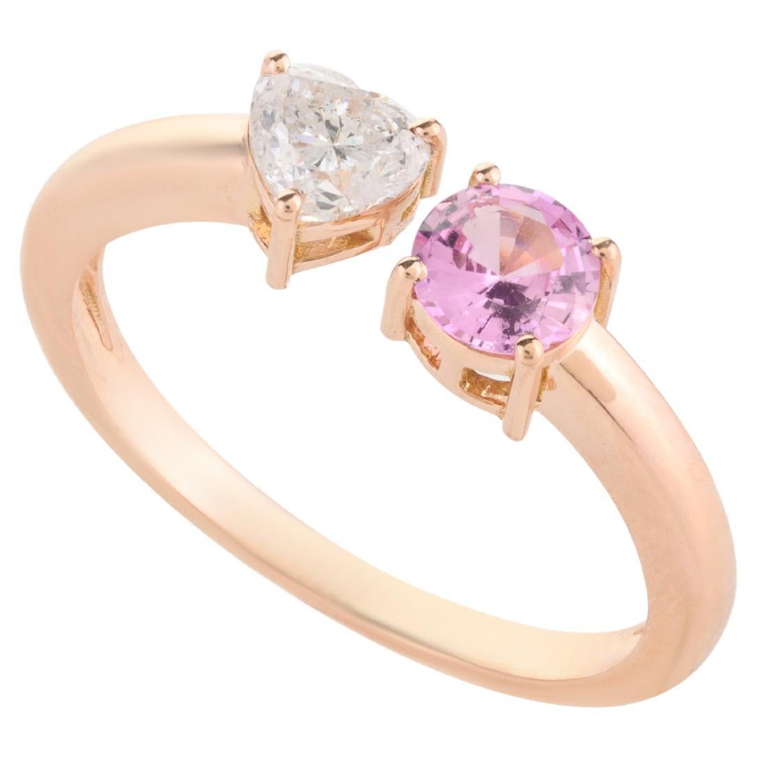 For Sale:  18k Solid Rose Gold Diamond Heart and Pink Sapphire Two Stone Open Ring